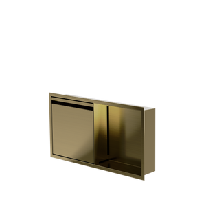 Door niche, 12 × 24 in, gold PVD, door closed, three-quarter view on a transparent background