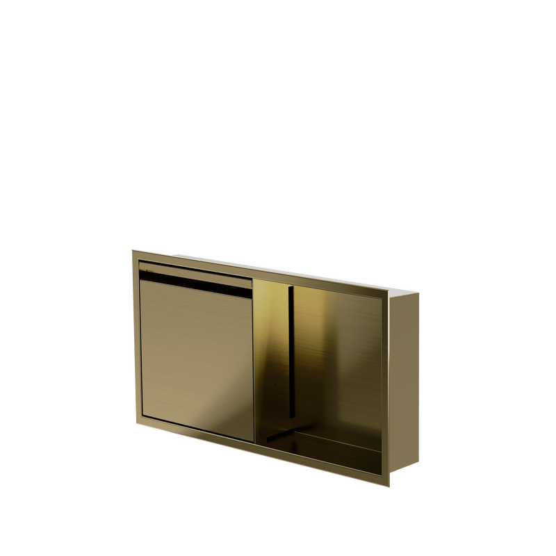 Door niche, 12 × 24 in, gold PVD, door closed, three-quarter view on a transparent background
