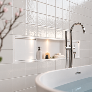 Door niche, 12 × 48 in, glossy white, door closed, recessed in a bathroom wall