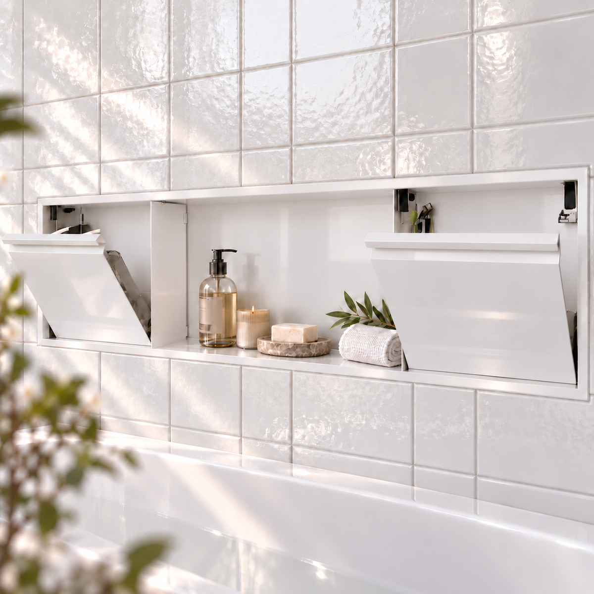Door niche, 12 × 48 in, glossy white, tilt-down door open: toiletries stored inside