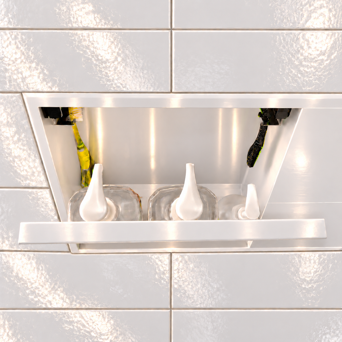 Inside view of the door niche, 12 × 48 in, glossy white, door open: bottles stored in the compartment