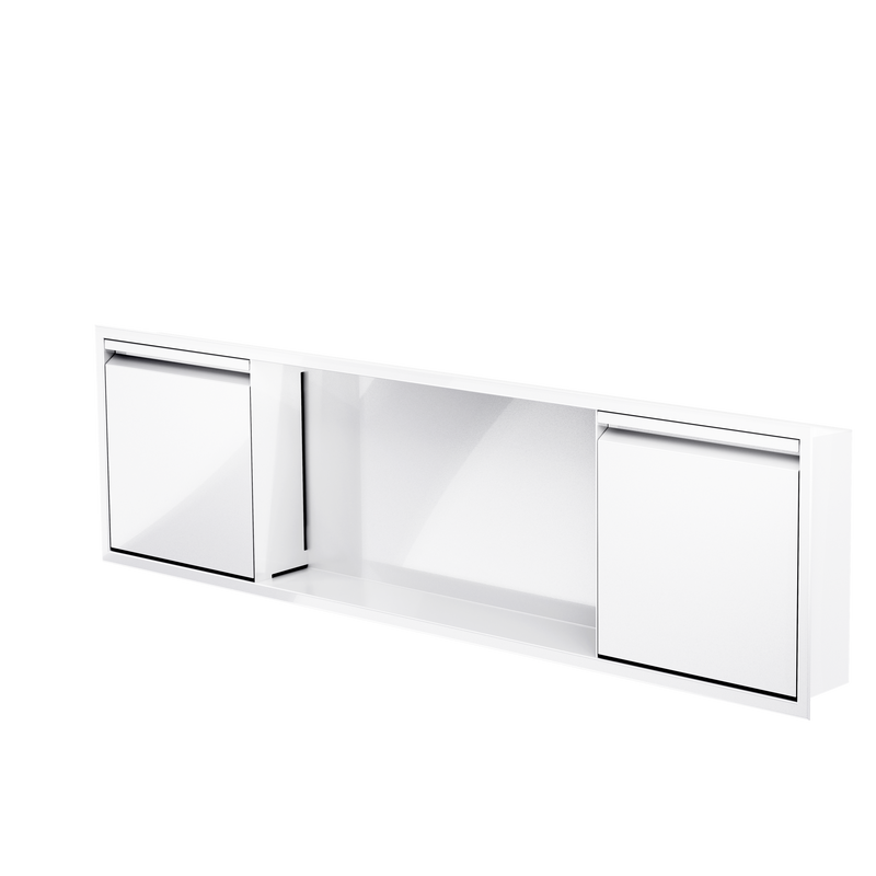 Door niche, 12 × 48 in, glossy white, door closed, three-quarter view on a transparent background