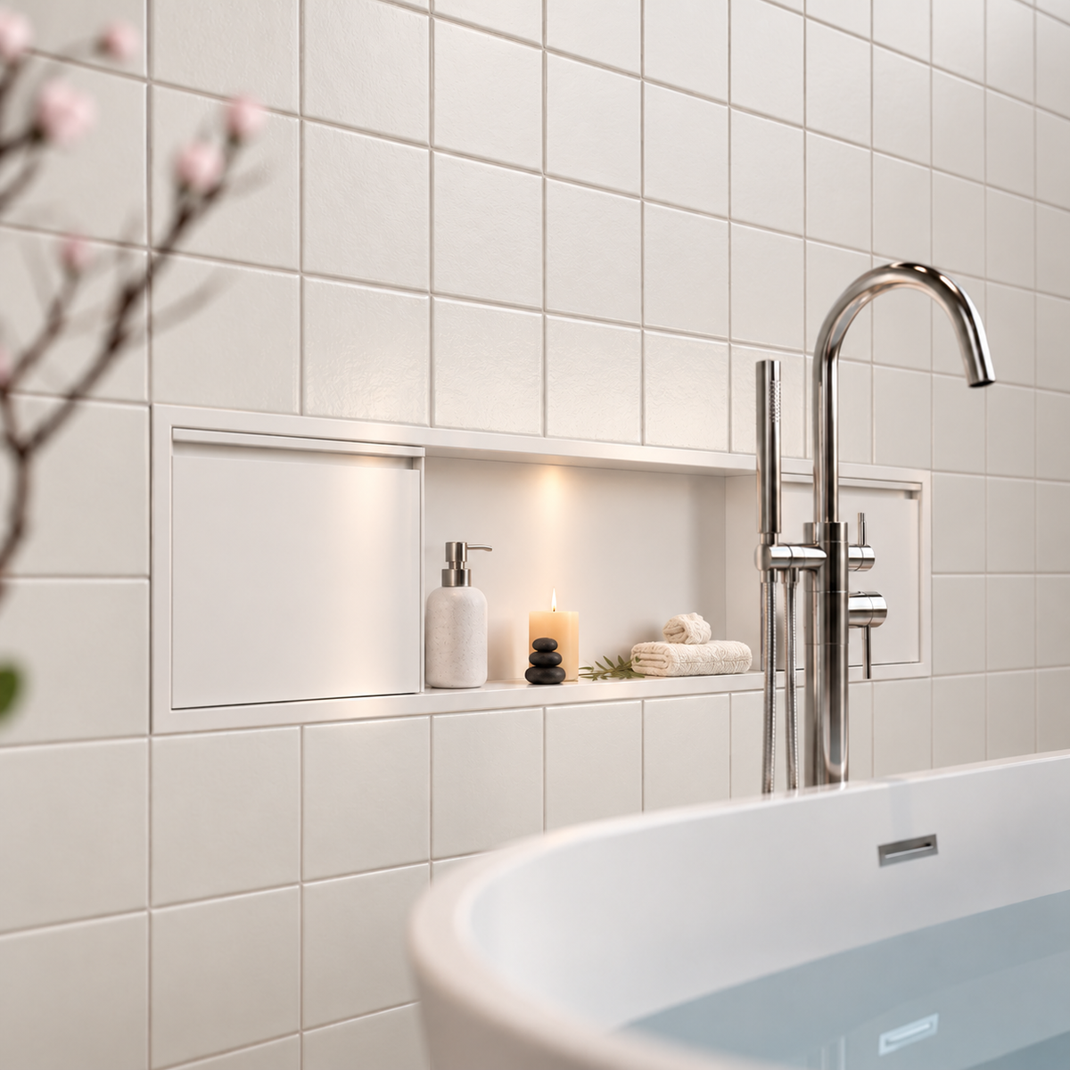 Door niche, 12 × 48 in, matte white, door closed, recessed in a bathroom wall