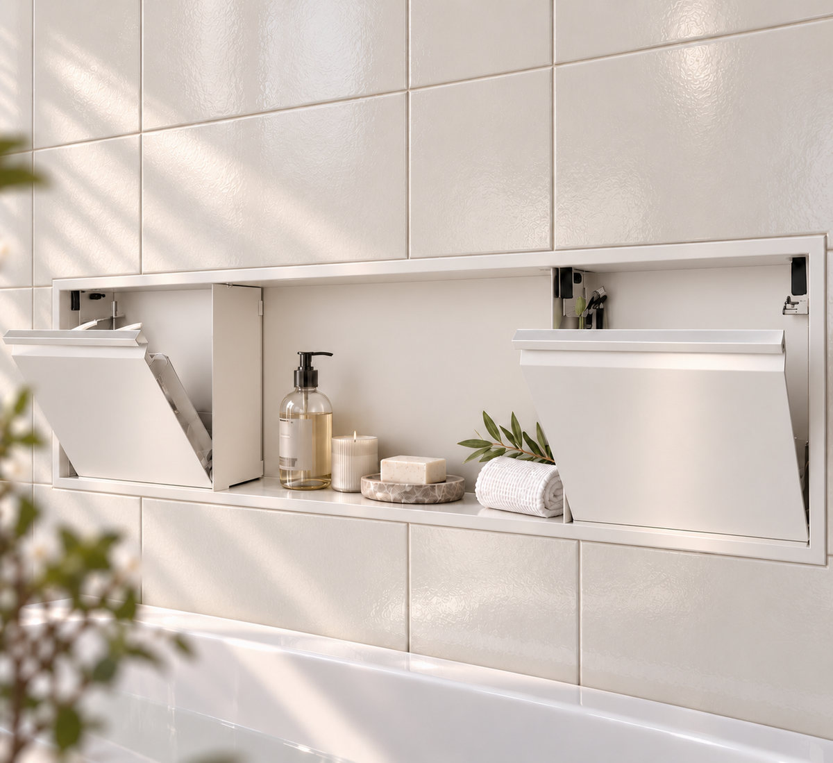 Door niche, 12 × 48 in, matte white, tilt-down door open: toiletries stored inside