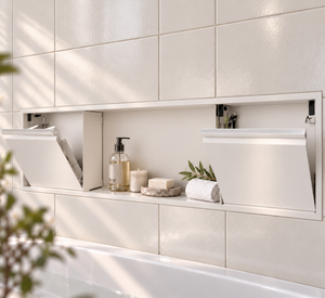 Door niche, 12 × 48 in, matte white, tilt-down door open: toiletries stored inside