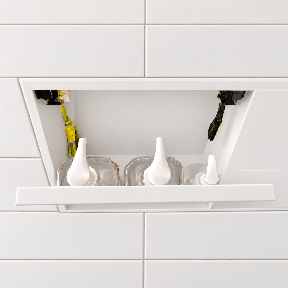 Inside view of the door niche, 12 × 48 in, matte white, door open: bottles stored in the compartment