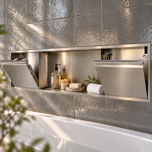 Door niche, 12 × 48 in, brushed stainless steel, tilt-down door open: toiletries stored inside
