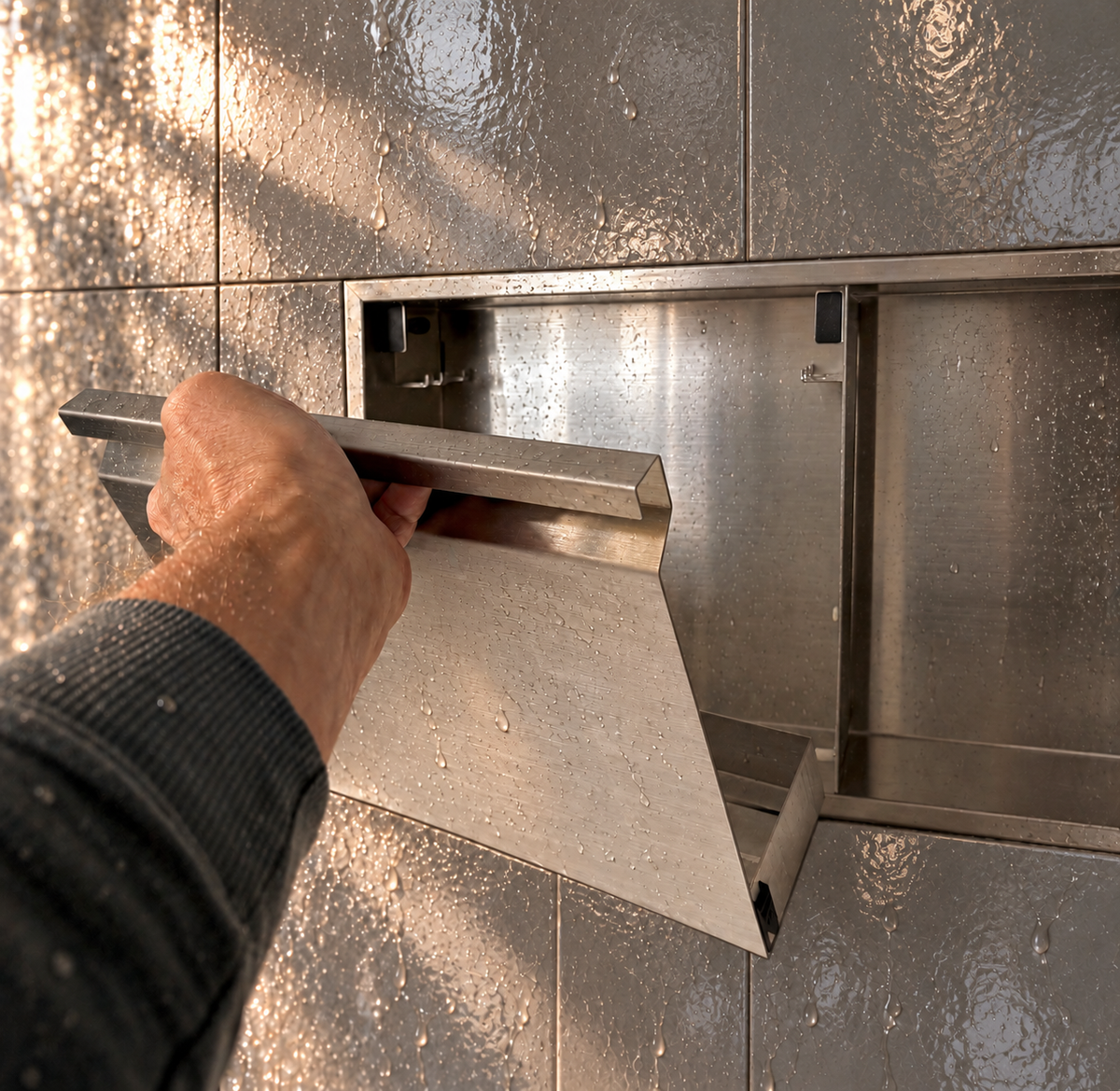 A hand lifts the removable door off the door niche, 12 × 48 in, brushed stainless steel