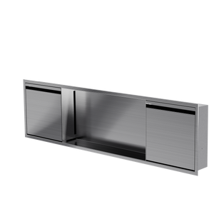 Door niche, 12 × 48 in, brushed stainless steel, door closed, three-quarter view on a transparent background
