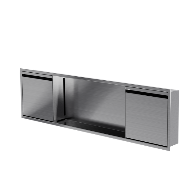 Niche avec porte 12 × 48 po acier inoxydable brossé, porte fermée, de trois quarts sur fond transparent