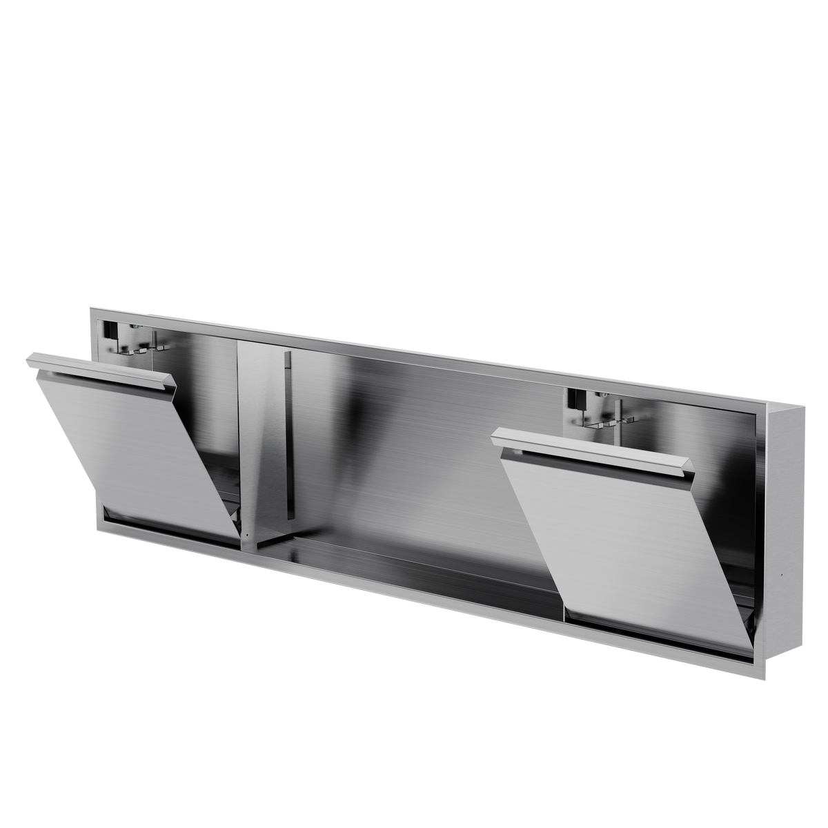 Door niche, 12 × 48 in, brushed stainless steel, tilt-down door open, three-quarter view on a transparent background