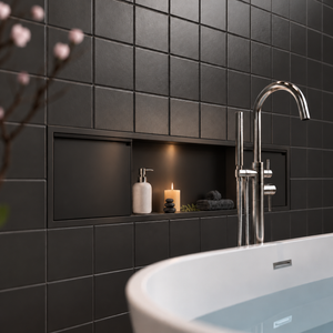 Door niche, 12 × 48 in, matte black, door closed, recessed in a bathroom wall