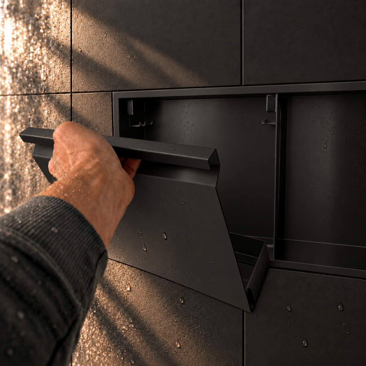 A hand lifts the removable door off the door niche, 12 × 48 in, matte black