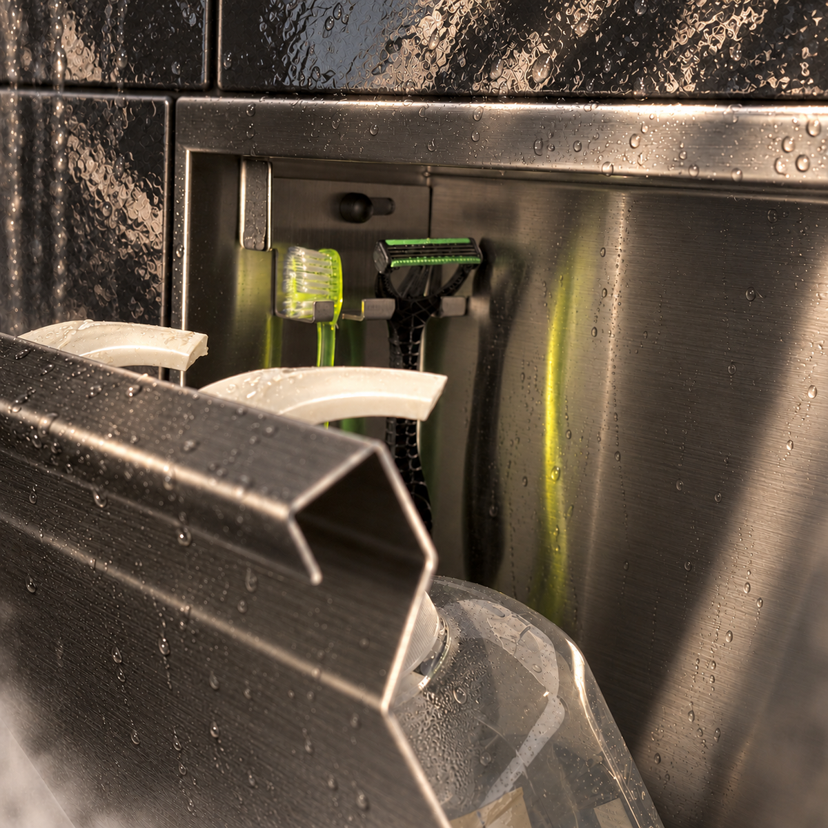 Close-up of the inside of the door niche, 12 × 48 in door, black PVD: hooks holding a razor, a toothbrush and a bottle