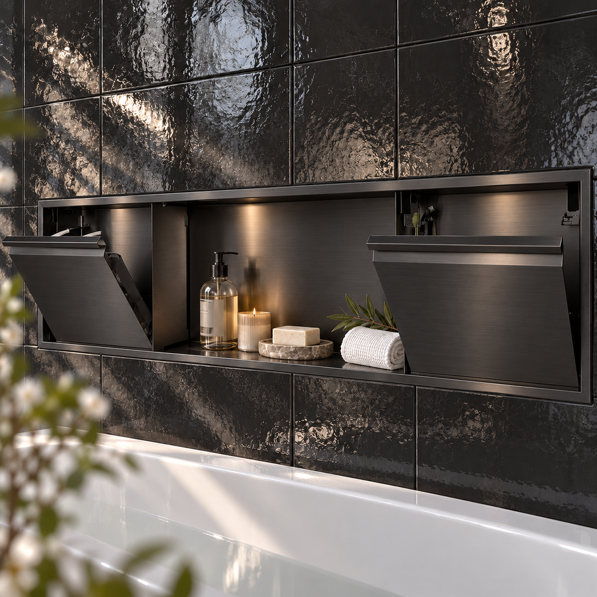 Door niche, 12 × 48 in, black PVD, tilt-down door open: toiletries stored inside