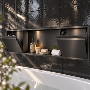 Door niche, 12 × 48 in, black PVD, tilt-down door open: toiletries stored inside