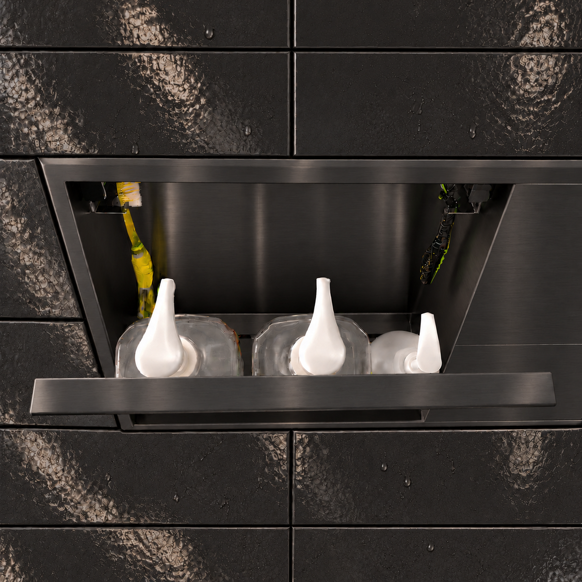 Inside view of the door niche, 12 × 48 in, black PVD, door open: bottles stored in the compartment