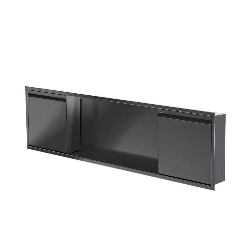 Door niche, 12 × 48 in, black PVD, door closed, three-quarter view on a transparent background