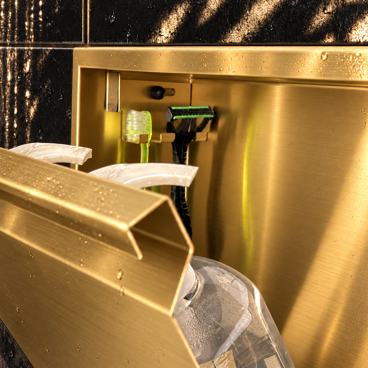 Close-up of the inside of the door niche, 12 × 48 in door, gold PVD: hooks holding a razor, a toothbrush and a bottle