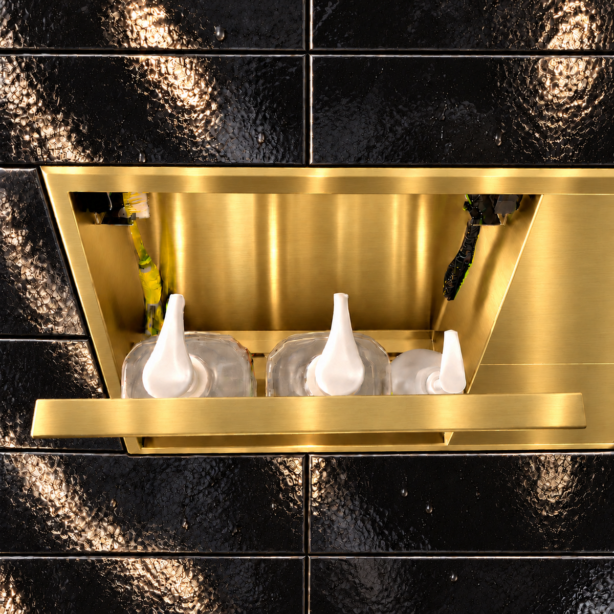 Inside view of the door niche, 12 × 48 in, gold PVD, door open: bottles stored in the compartment