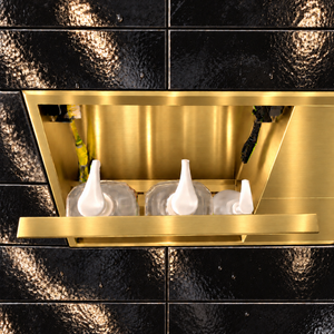 Inside view of the door niche, 12 × 48 in, gold PVD, door open: bottles stored in the compartment