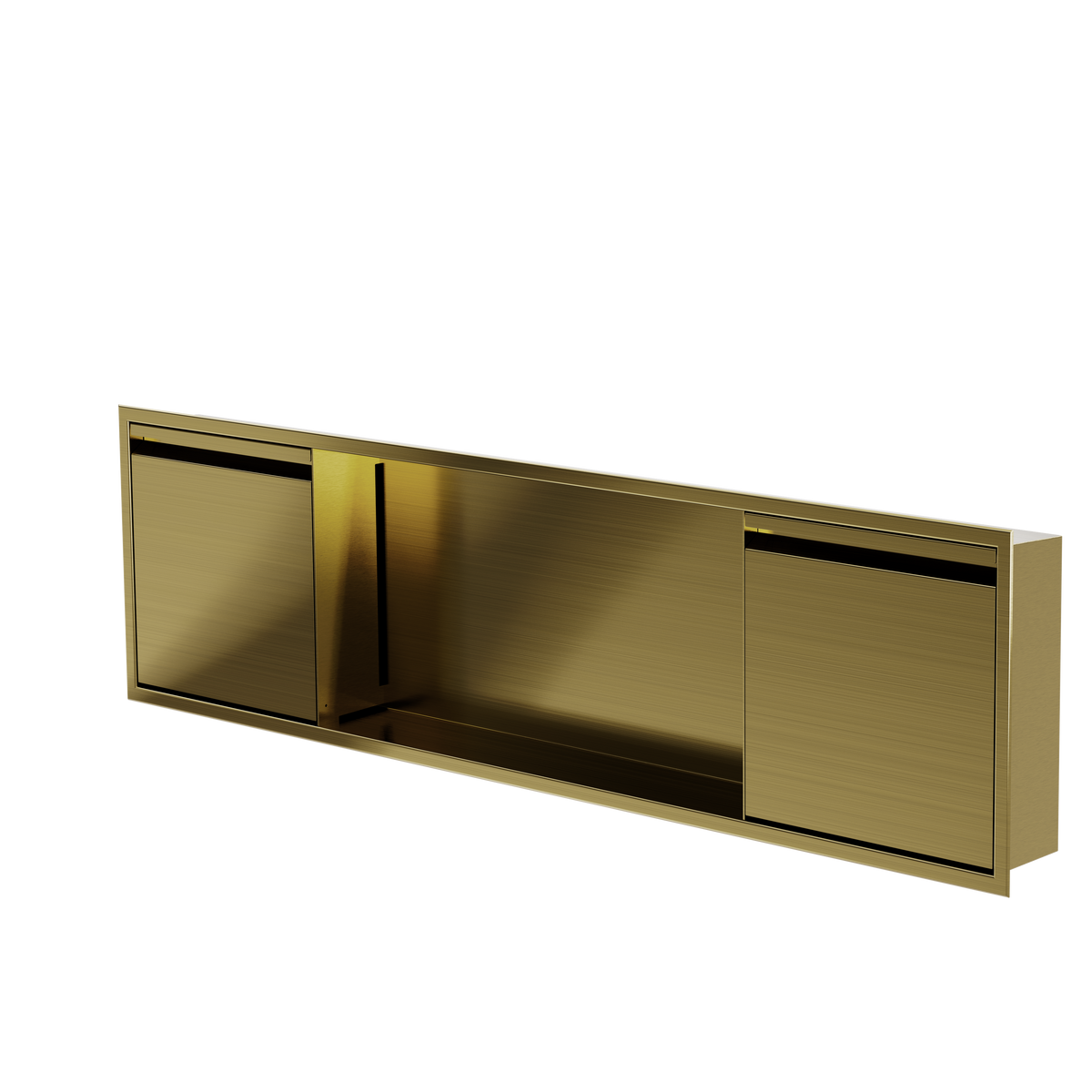 Door niche, 12 × 48 in, gold PVD, door closed, three-quarter view on a transparent background