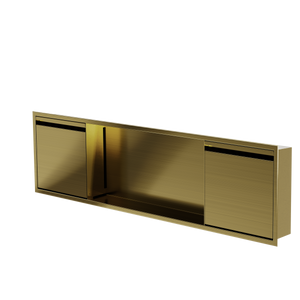 Door niche, 12 × 48 in, gold PVD, door closed, three-quarter view on a transparent background