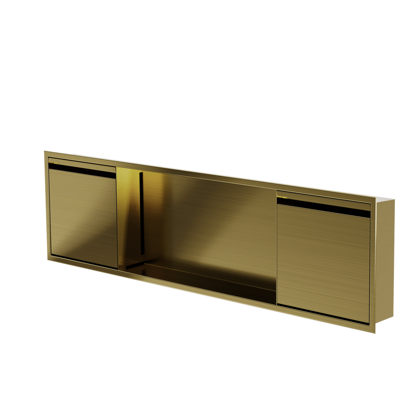 Door niche, 12 × 48 in, gold PVD, door closed, three-quarter view on a transparent background