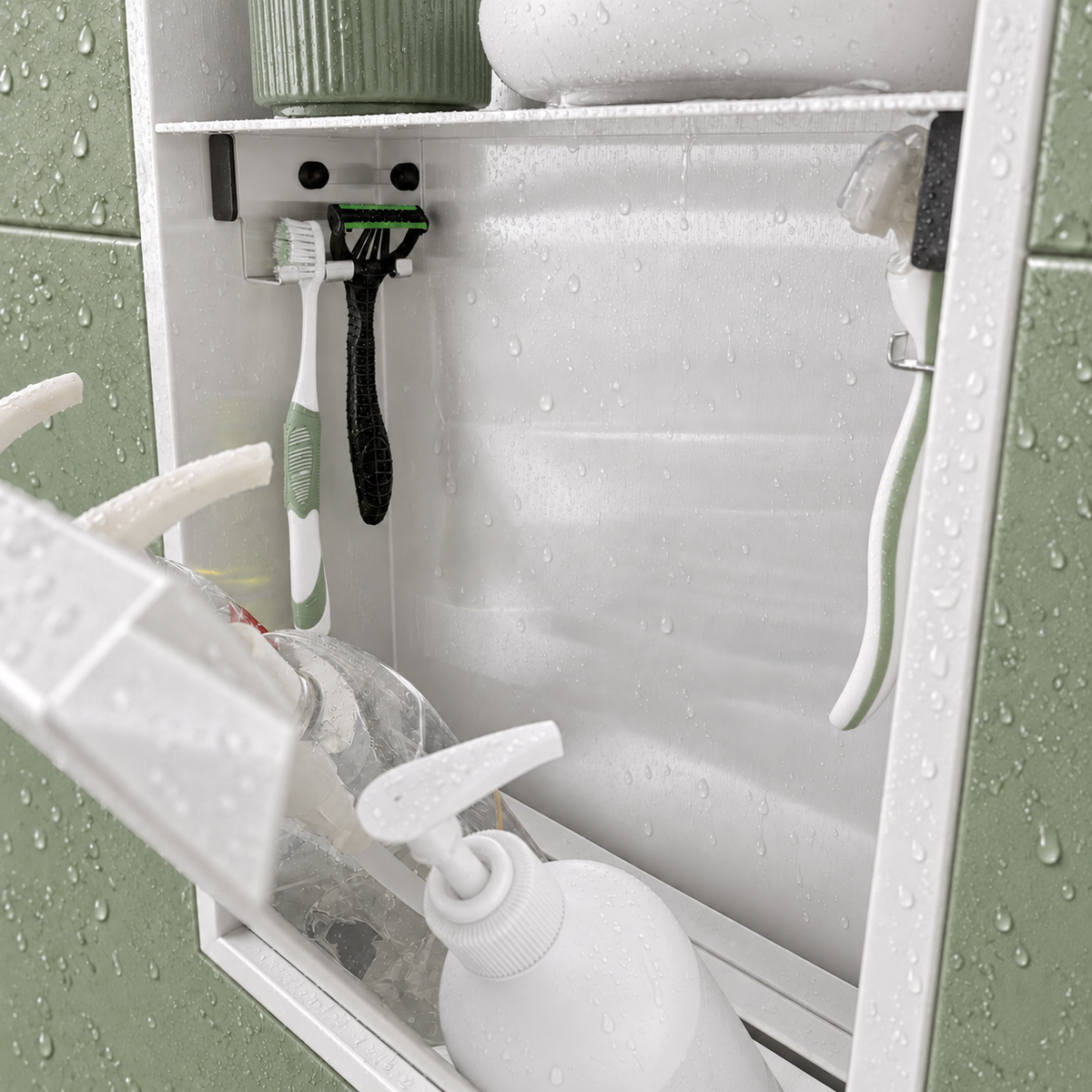 Close-up of the inside of the door niche, 24 × 12 in door, glossy white: hooks holding a razor, a toothbrush and a bottle