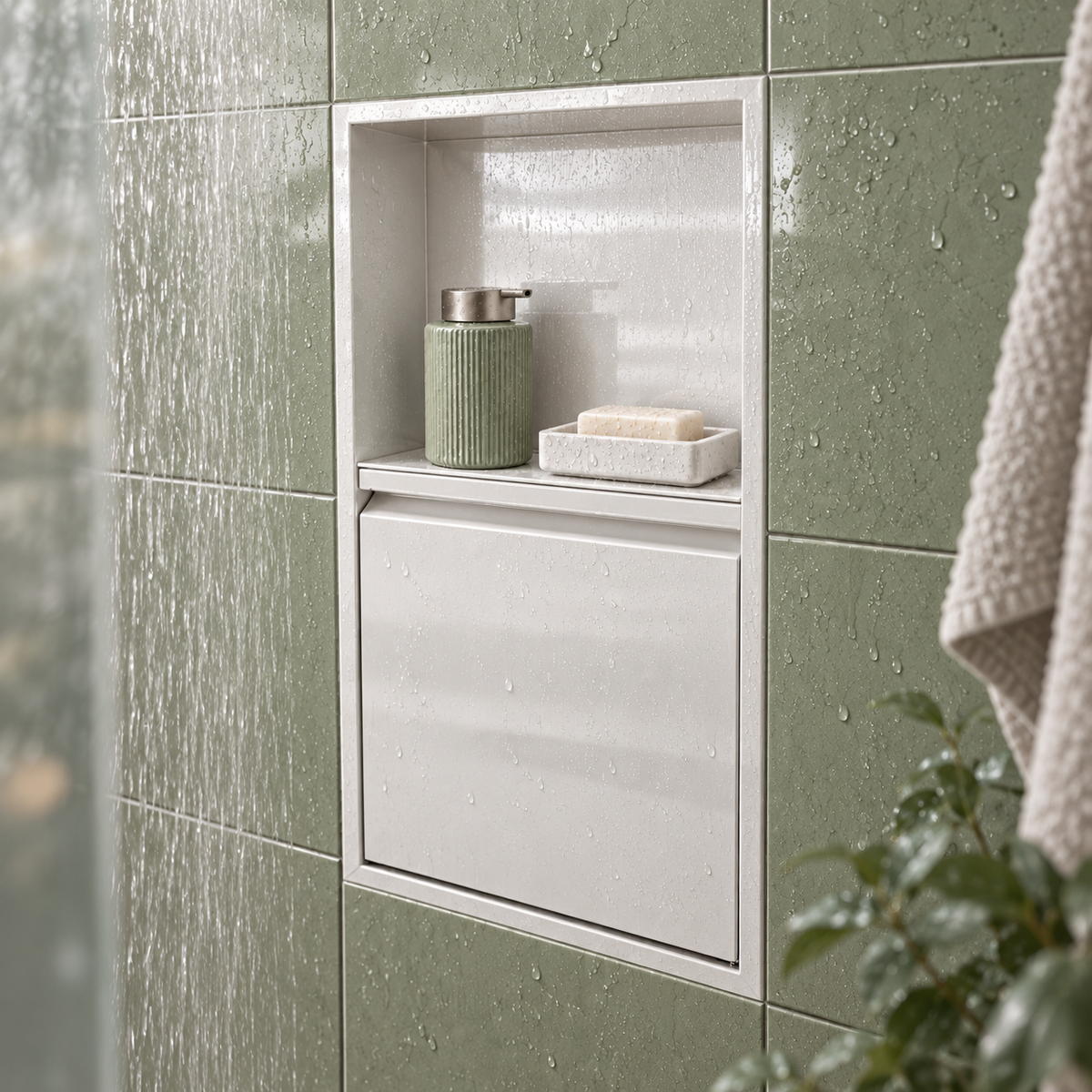 Door niche, 24 × 12 in, glossy white, door closed, recessed in a bathroom wall