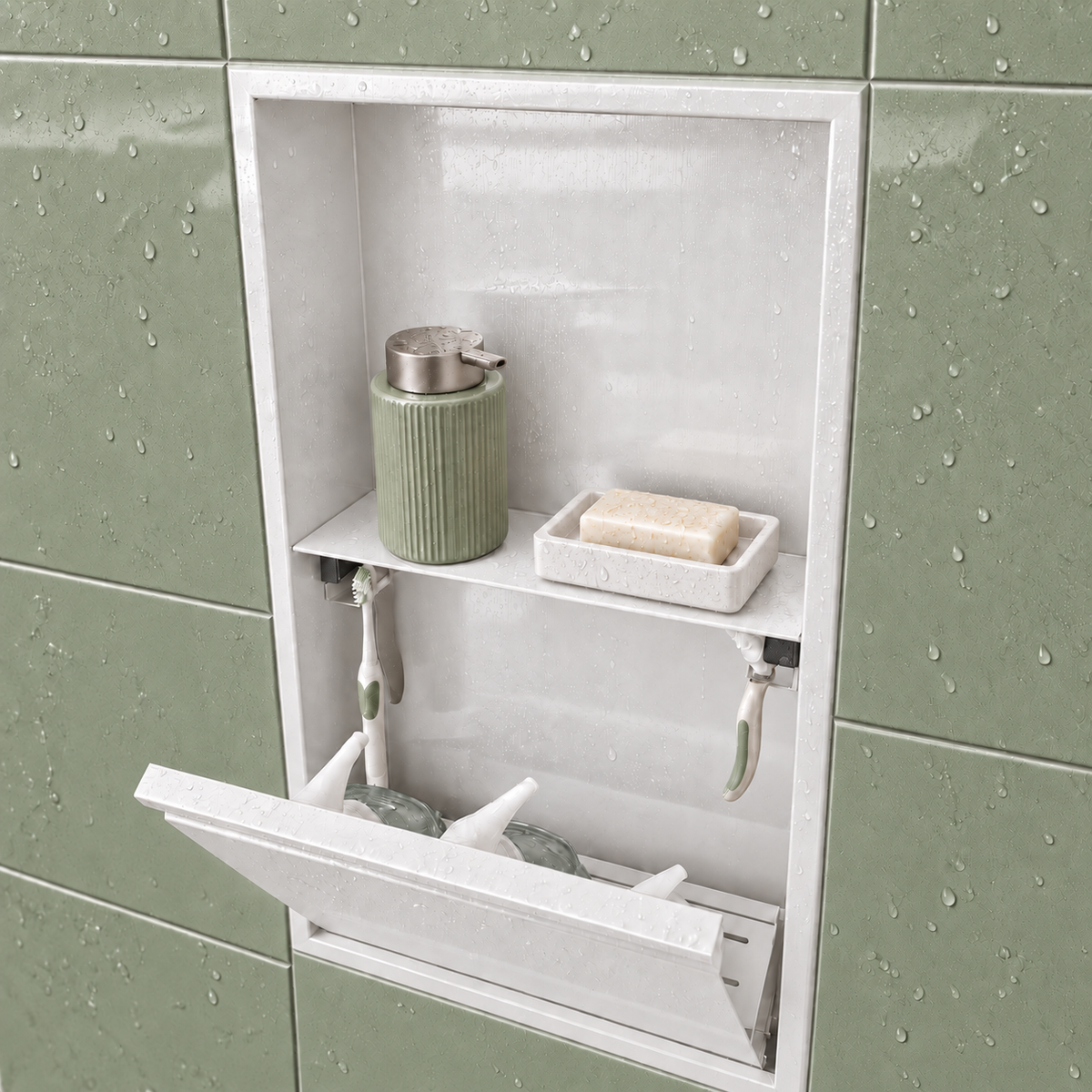 Door niche, 24 × 12 in, glossy white, tilt-down door open: toiletries stored inside