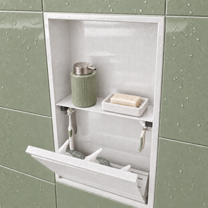 Door niche, 24 × 12 in, glossy white, tilt-down door open: toiletries stored inside