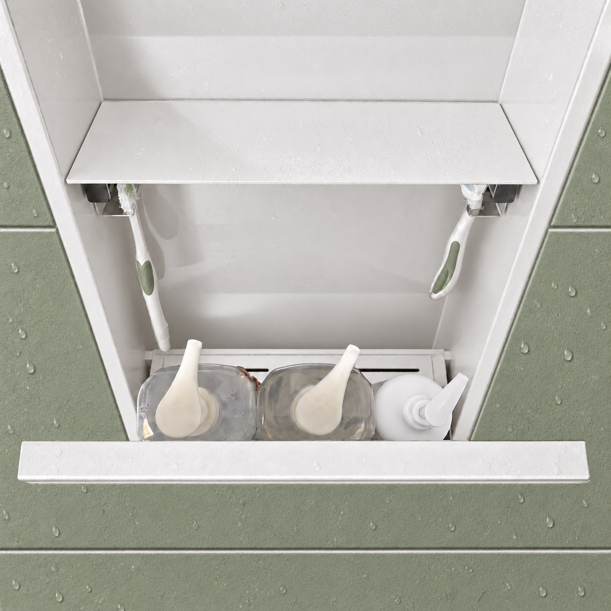 Inside view of the door niche, 24 × 12 in, glossy white, door open: bottles stored in the compartment