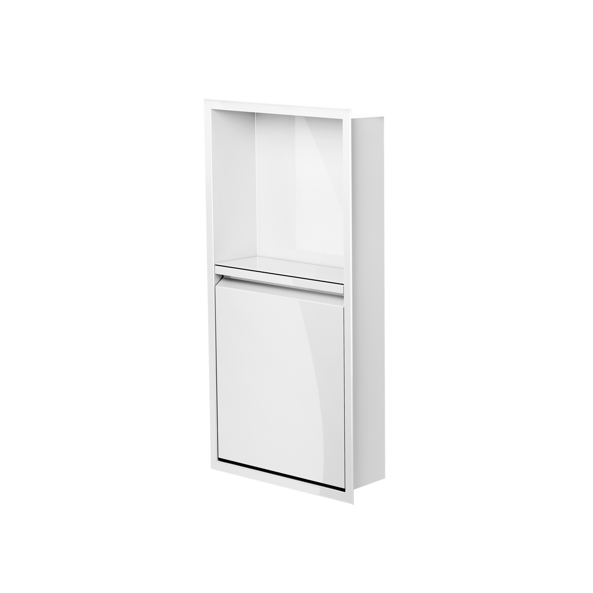 Door niche, 24 × 12 in, glossy white, door closed, three-quarter view on a transparent background