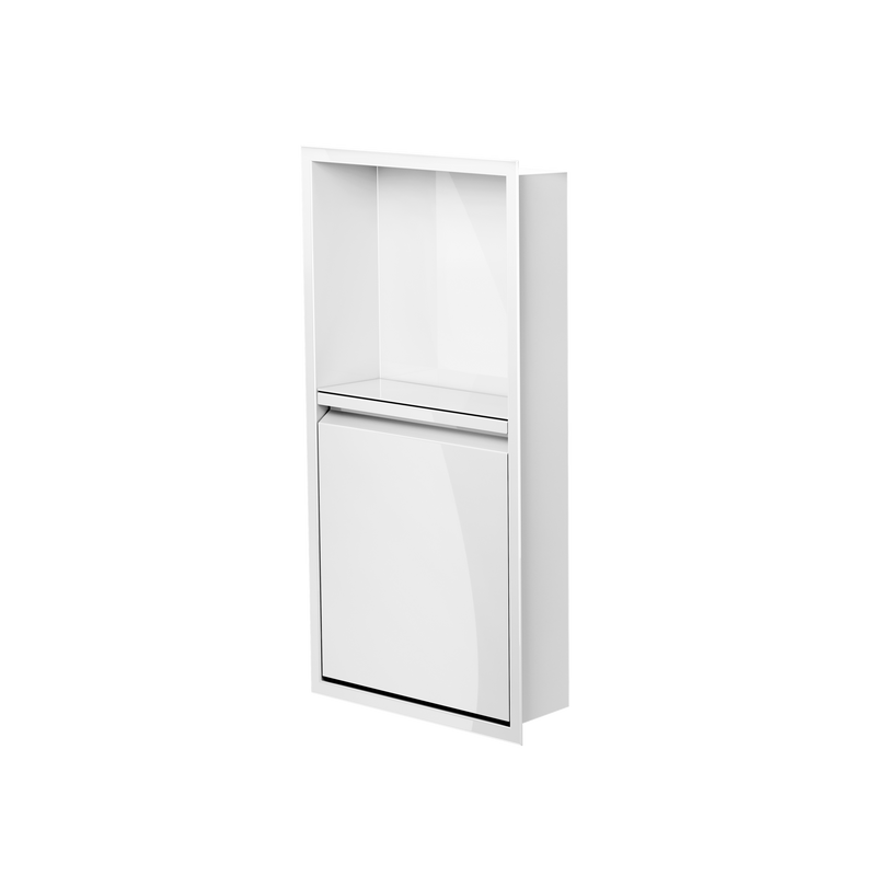 Door niche, 24 × 12 in, glossy white, door closed, three-quarter view on a transparent background