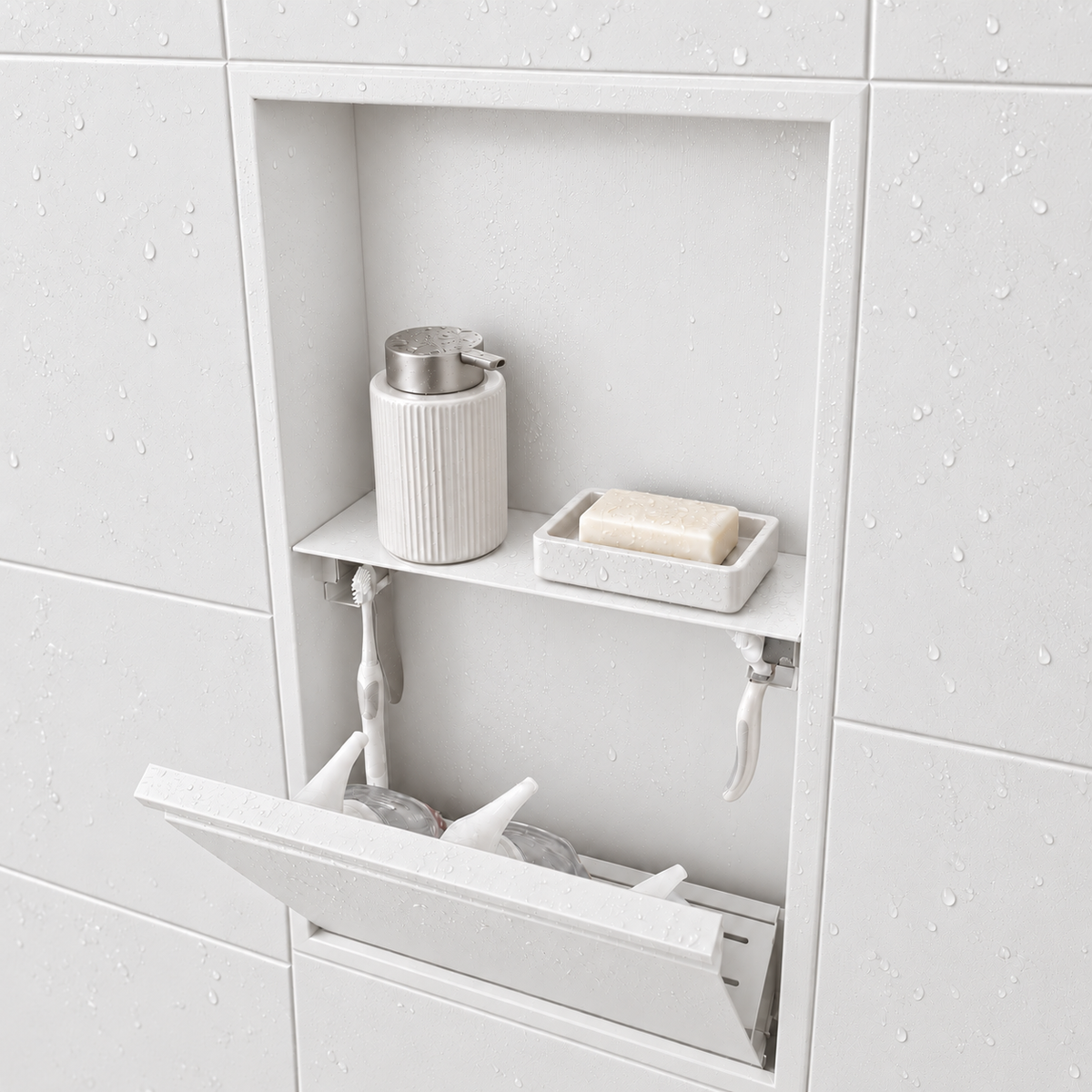 Door niche, 24 × 12 in, matte white, tilt-down door open: toiletries stored inside