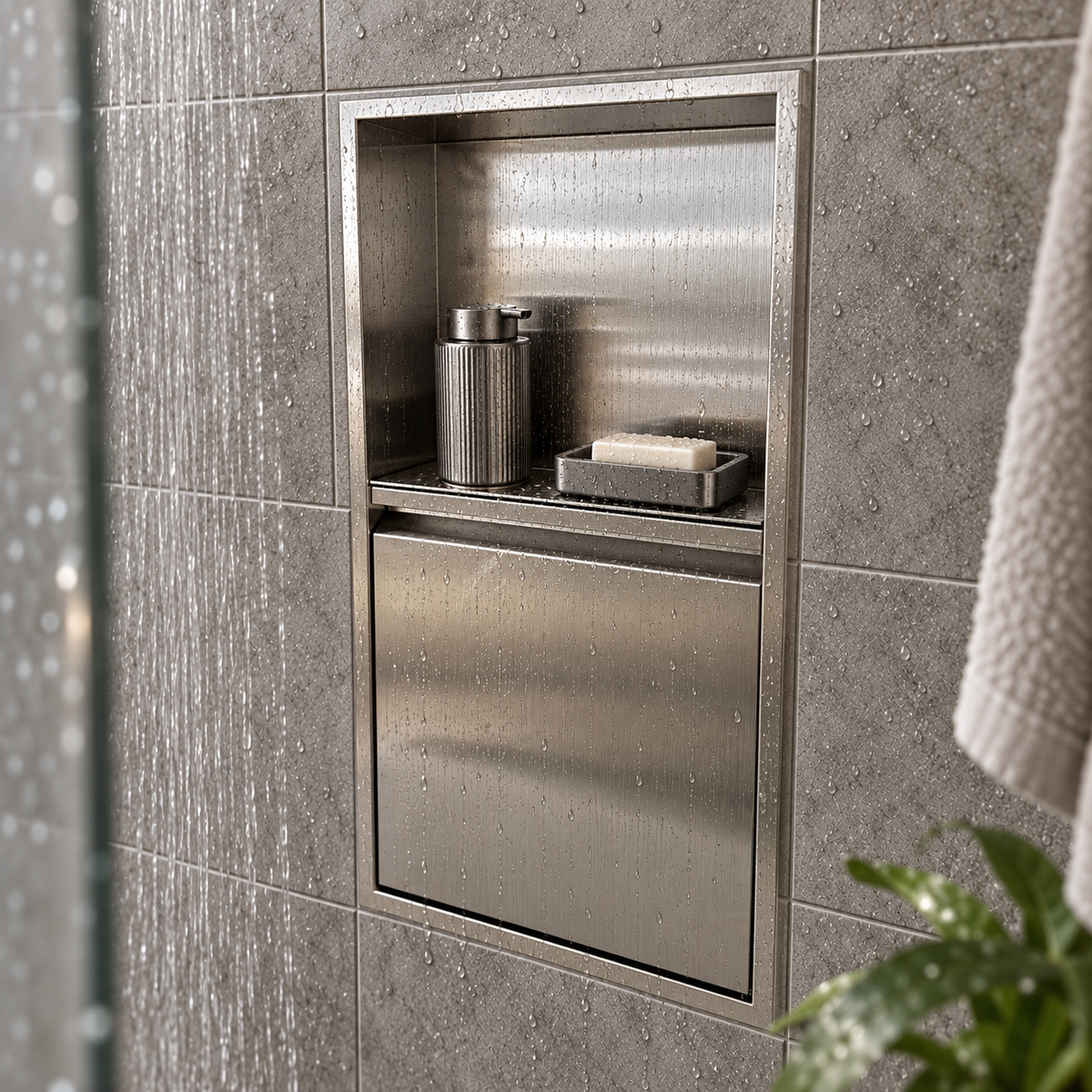 Door niche, 24 × 12 in, brushed stainless steel, door closed, recessed in a bathroom wall