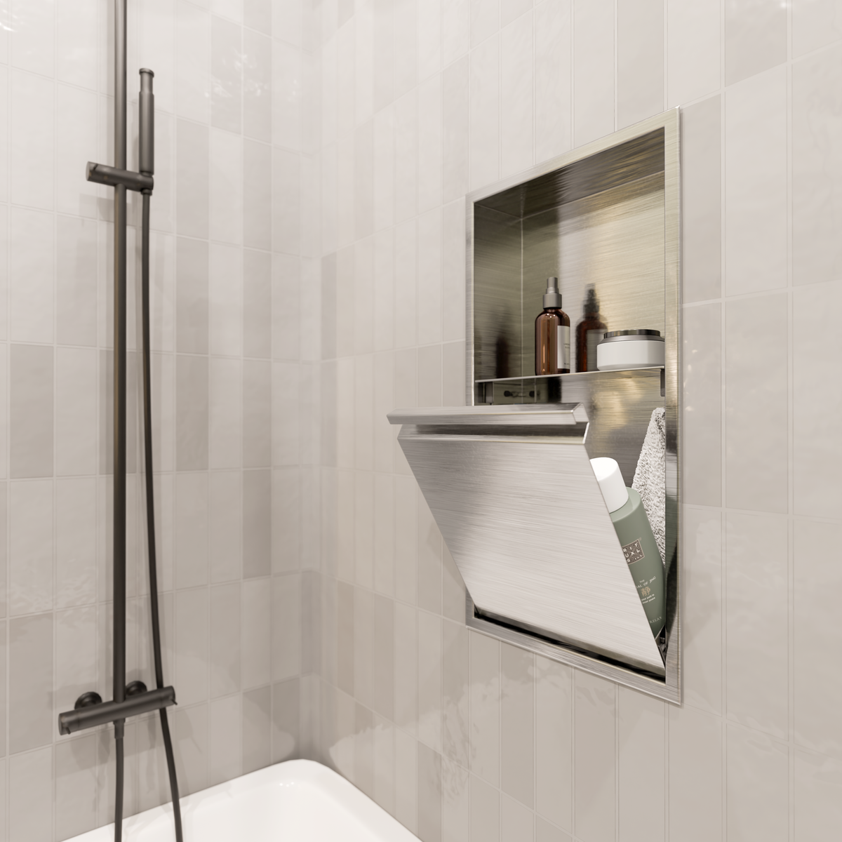 Door niche, 24 × 12 in, brushed stainless steel, door folded open over bottles, in a light tiled shower wall, square crop