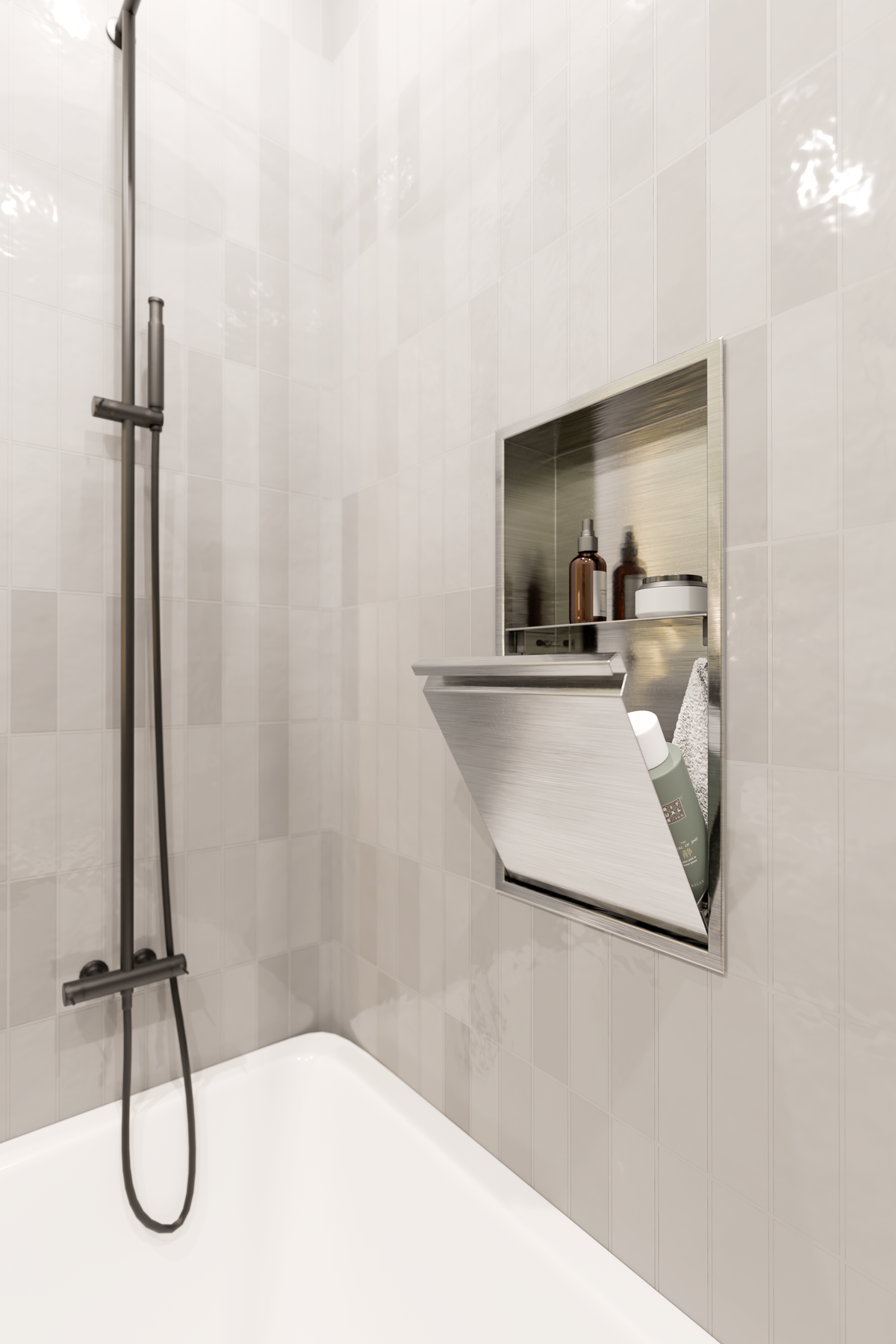 Door niche, 24 × 12 in, brushed stainless steel, door folded open over bottles, in a light tiled shower wall