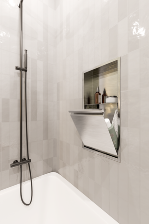 Door niche, 24 × 12 in, brushed stainless steel, door folded open over bottles, in a light tiled shower wall
