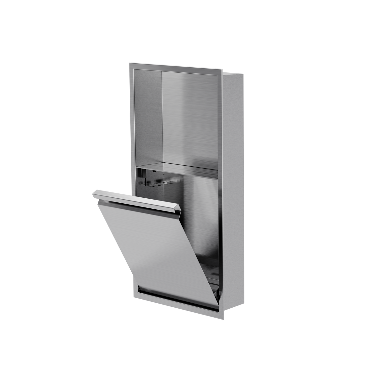 Door niche, 24 × 12 in, brushed stainless steel, tilt-down door open, three-quarter view on a transparent background