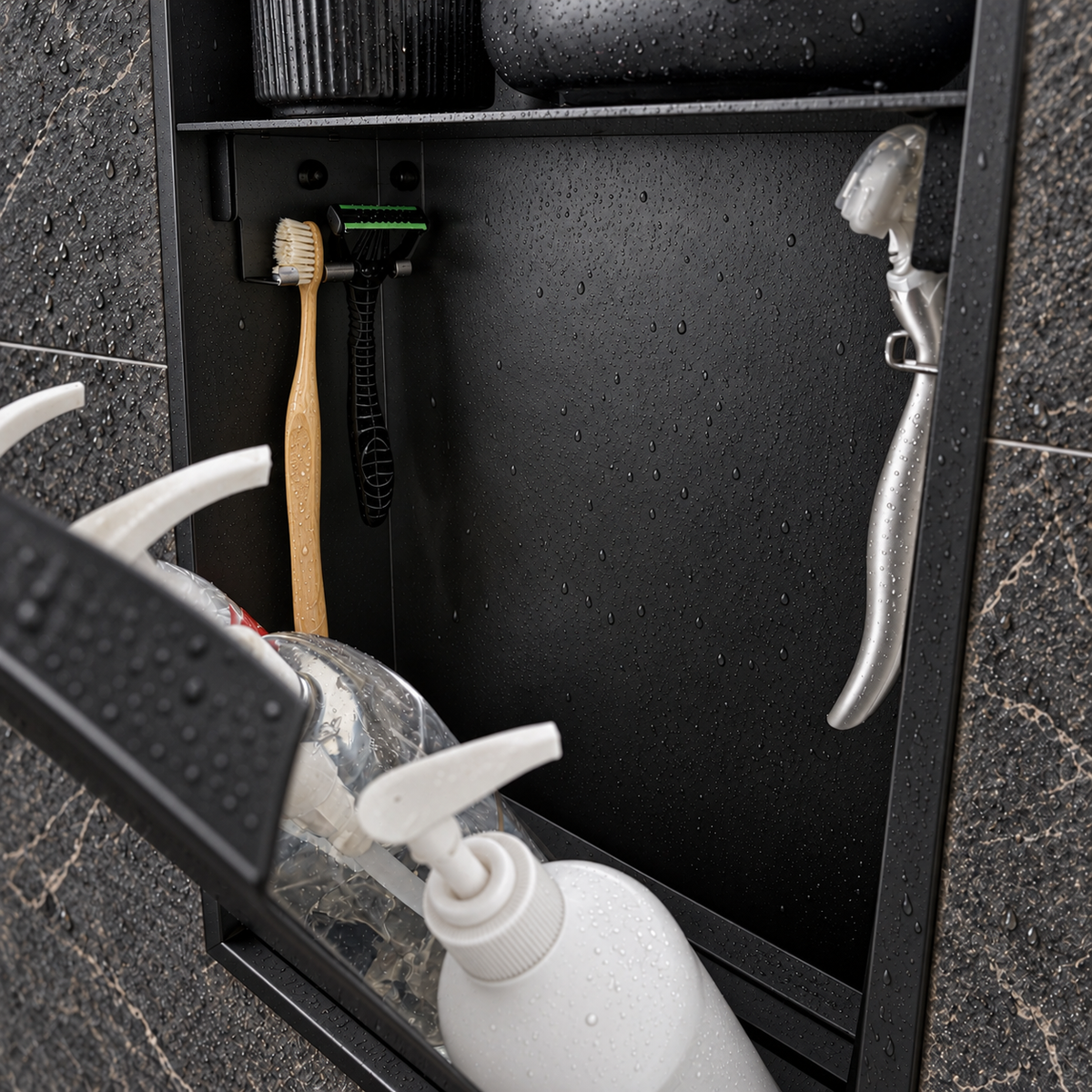 Close-up of the inside of the door niche, 24 × 12 in door, matte black: hooks holding a razor, a toothbrush and a bottle