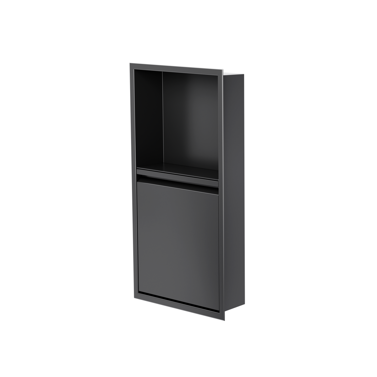 Door niche, 24 × 12 in, matte black, door closed, three-quarter view on a transparent background