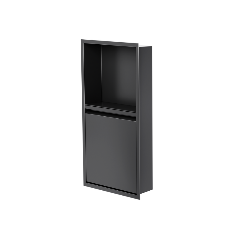 Niche avec porte 24 × 12 po noir mat, porte fermée, de trois quarts sur fond transparent