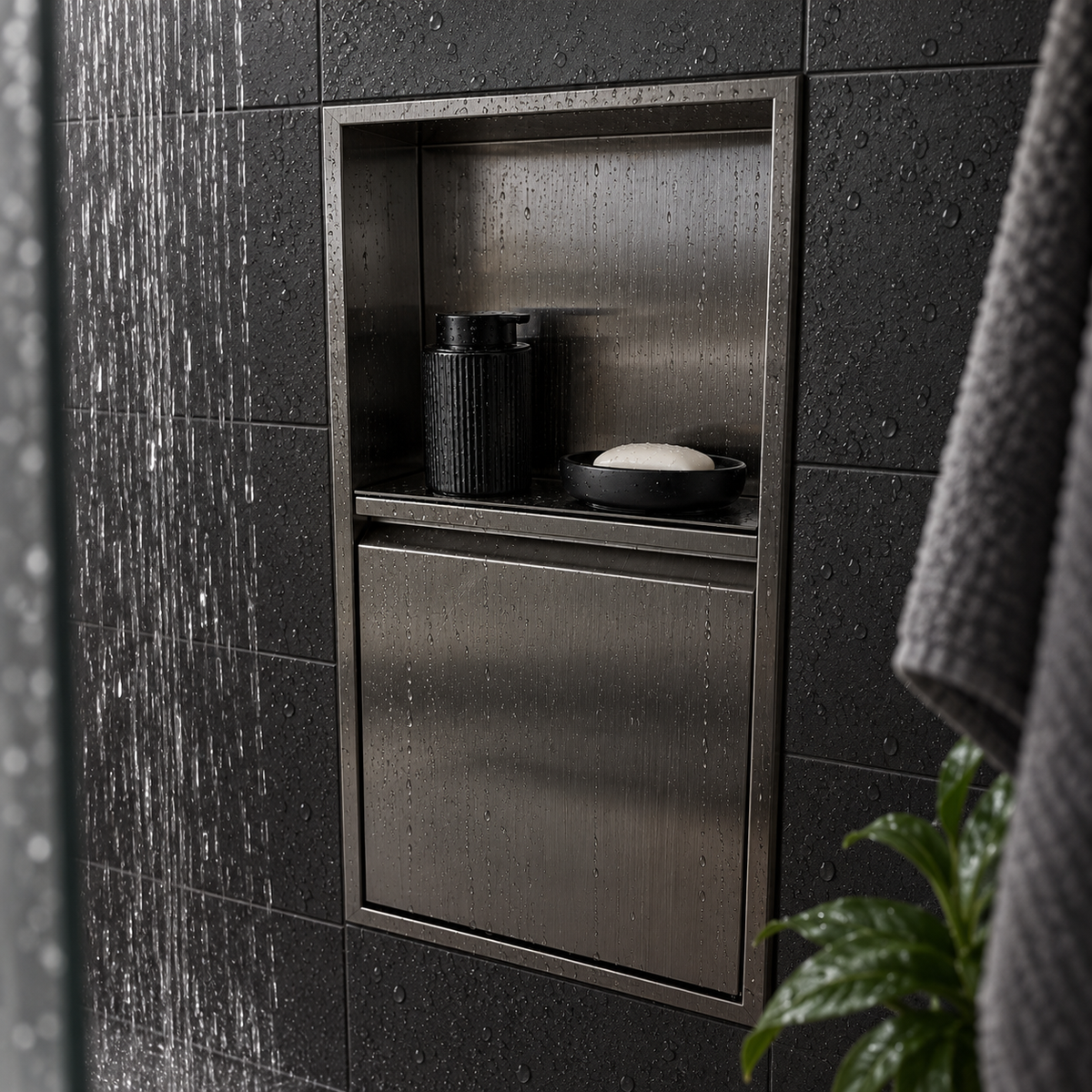 Door niche, 24 × 12 in, black PVD, door closed, recessed in a bathroom wall