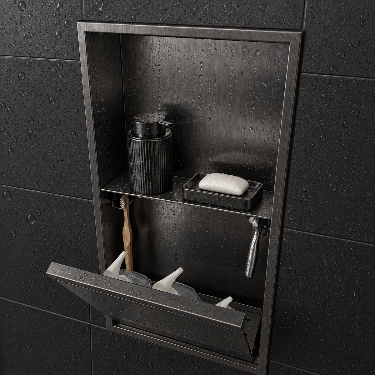 Door niche, 24 × 12 in, black PVD, tilt-down door open: toiletries stored inside