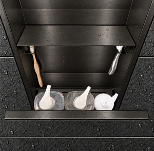 Inside view of the door niche, 24 × 12 in, black PVD, door open: bottles stored in the compartment