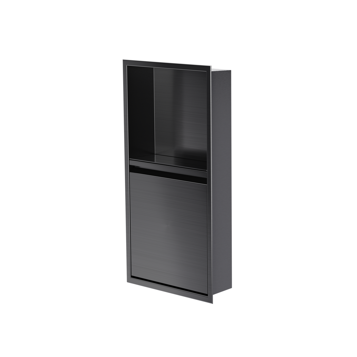 Door niche, 24 × 12 in, black PVD, door closed, three-quarter view on a transparent background