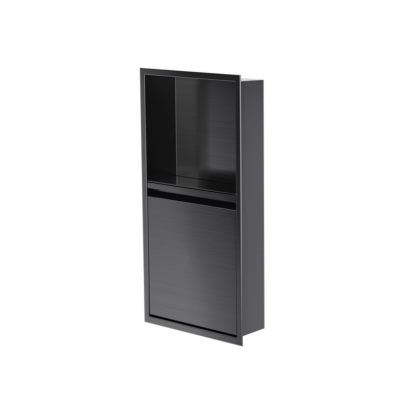 Door niche, 24 × 12 in, black PVD, door closed, three-quarter view on a transparent background