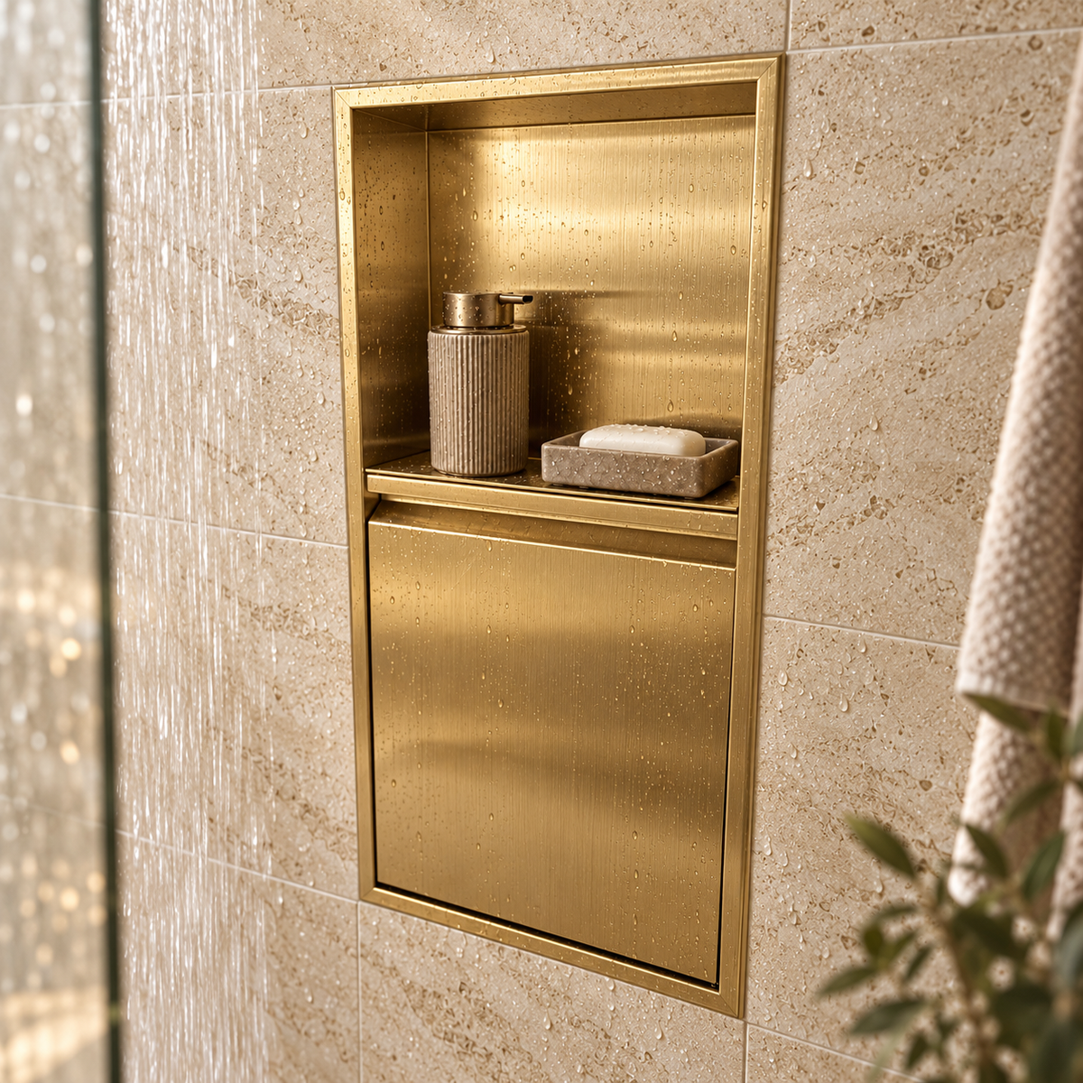 Door niche, 24 × 12 in, gold PVD, door closed, recessed in a bathroom wall